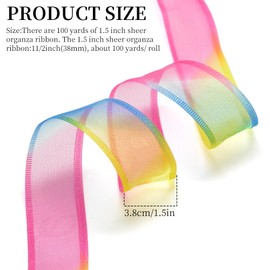 CABODYALS 100 Yards 38MM Rainbow Organza Ribbon Gradient Sheer Trimming Colourful Transparent Fabric Shimmer Chiffon Satin Ribbons for Wrapping Gift Making Bows Diy Craft Party Festival Decoration