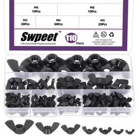Swpeet 110Pcs 7 Sizes M3 M4 M5 M6 M8 M10 M12 Metric Black Nylon Wing Nuts Butterfly Nut Assorment Kit, Hand Twist Tighten Ear Butterfly Nut Plastic Fastener Nuts for Home Automotive Shop Fasteners Use