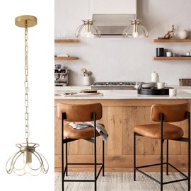 Yifi Glass Pendant Light Fixture, Brass Ceiling Pendant Lighting, Adjustable Chain Gold Mini Chandelier, Elegant Flower Hanging Lamp for Kitchen Island Dining Room Living Room Cafe Shops, Clear