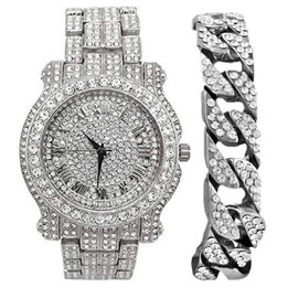 Charles Raymond Bling-ed Out Silver Round Luxury Mens Watch w/Bling-ed Out Cuban Bracelet - L0504B - Cuban (Silver)