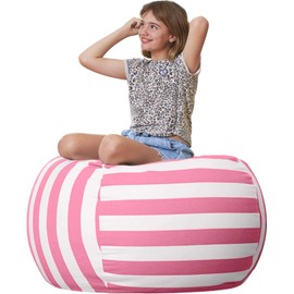 Aubliss Stuffed Animal Storage Bean Bag Chair Cover Only for Plush Toys, Blankets, X-Large 48"-Canvas Stripes Pink/White