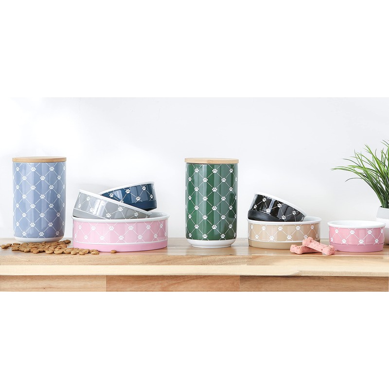 Bone Dry Trellis Paw Print Pet Bowl Set Microwave &