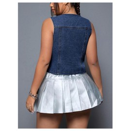 Floerns Women's Plus Size Sleeveless Button Down Jean Vest V Neck Denim Jacket Dark Wash 1XL