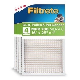 Filtrete 16x25x1 AC Furnace Air Filter, MERV 8, MPR 700, Tough on Pollen, Easy on Airflow, 3-Month Pleated 1-Inch Electrostatic Air Cleaning Filter, 4-Pack (Actual Size 15.69 x 24.69 x 1.56 in)
