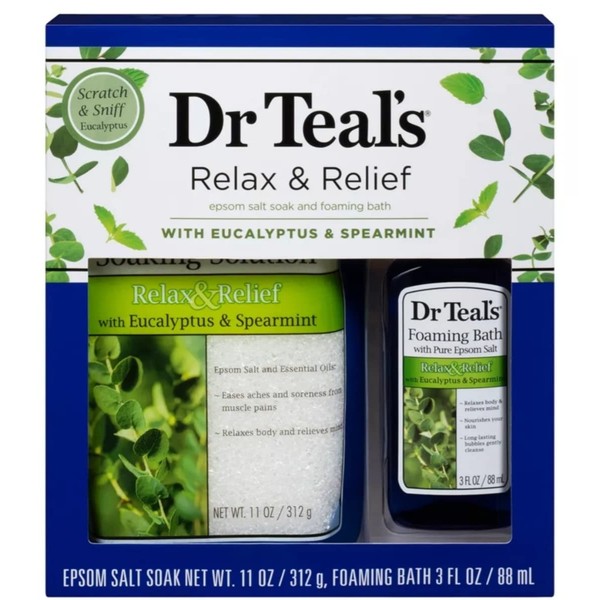 Dr Teal's Eucalyptus Epsom Salt & Foaming Bath Oil Sampler Gift Set - Give The Gift of Rejuvenation & Self Care! - 14 oz Bag of Eucalyptus Bath Salts & 3 oz Bottle of Eucalyptus Foaming Bath Oil