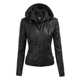 Lock and Love LL WJC1044 Women’s Faux Leather Moto Biker Jacket with Removable Hood – Zip Up Short Coat with Pockets, Fall Fashion Outerwear XL Black