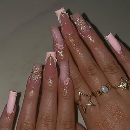 FIEONCIY Press on Nails Coffin Long Length Acrylic Glossy Full Cover Square Shaped French False Nails with Designs Artificial Extra Long Fake Nails with Charms Glue ons Fingernails for Women(XA13234)