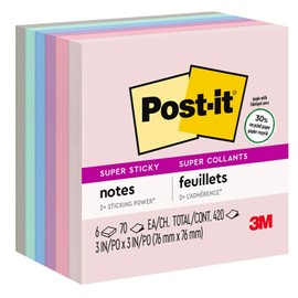 Post-it Notes Super Sticky Recycled Notes in Wanderlust Pastels Collection Colours, 7.6 x 7.6 cm, 65 Sheets/Pad, 6 Sheets/Pack