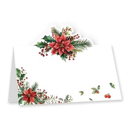 Whaline 100 Pcs Christmas Place Cards 3.5 x 2 Inch Holly Berry Poinsettia Tented Name Cards Xmas Seating Cards for Winter Party Table Setting Supplies