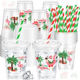 Domensi 50 Pcs Christmas Party Plastic Cup 12 oz Disposable Plastic Cups with Lids and Straws Thick Clear Summer Table Decoration Party Supplies for Tropical Cold Beverage Drinking