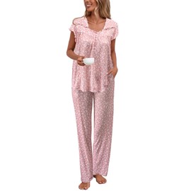 Famulily Ladies Lounge Wear Sets Short Sleeve Summer Tops with Long Pajama Pant Set Lightweight Printed Night Suit Pink M