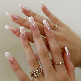 Chrome Press on Nails 24Pcs Gel Glue on Nails. Glossy White French Tips Medium Square Acrylic False Nails With Mirror Design. Sparkly Chrome Metal Full Cover Fake Nails Stick on Nails for Women Girls