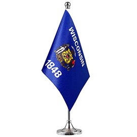 GentleGirl.USA State Flag Wisconsin WI Flag, Small Mini Wisconsin State Flag Desk Flag Stick Office Table Flag on Stand Base, US Festival Events Celebration Decoration,Desk Home Decoration