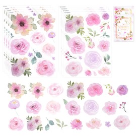 Pack of 120 Pink Flowers Wall Stickers, Peel and Stick Wall Decals, Watercolour Vibrant Floral Wall Stickers, Green Leaves Flowers Wall Decoration for Children's Room, TV Background, Living Room