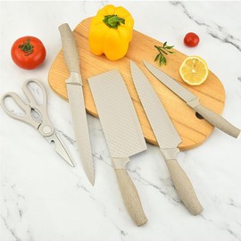 6-Pieces Beige Wooden Coating Stainless Steel Kitchen Knife Set with Block