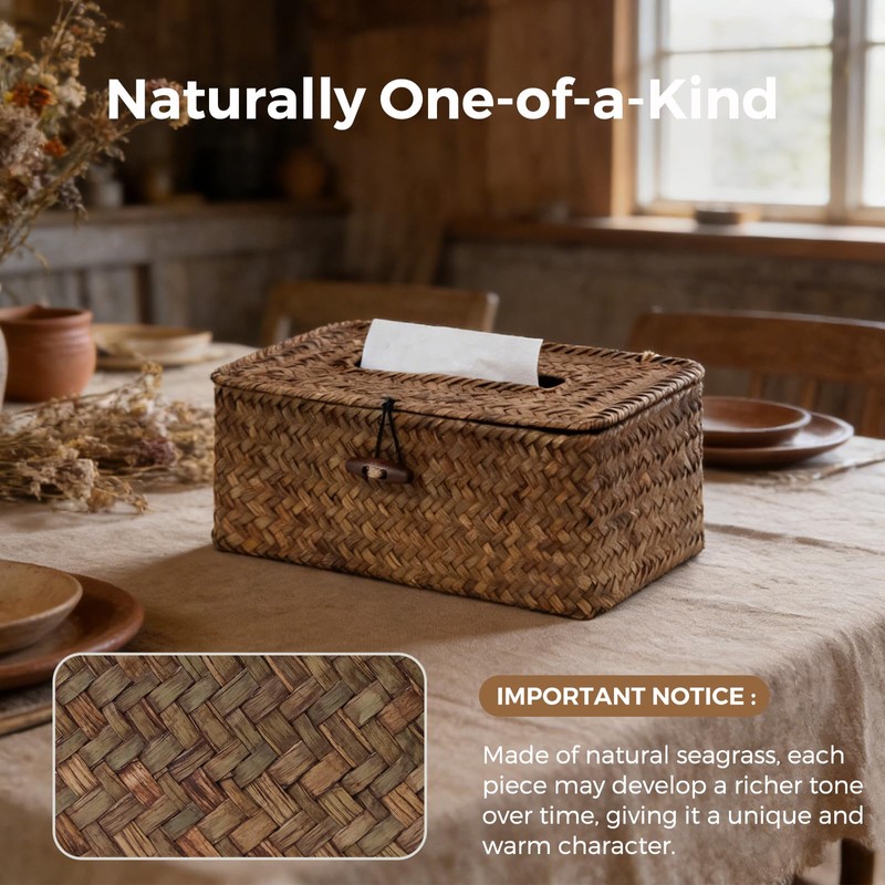 Rectangle Wicker Tissue Box Cover, Natural Seagrass Tissue Box Holder