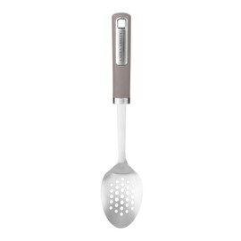 Laura Ashley 13-Inch Stainless Steel Slotted Spoon - Dishwasher Safe Large Serving Spoon with Ergonomic Soft-Touch Handle, Elegant Design for Efficient Draining and Easy Cleanup - Dark Dove Grey