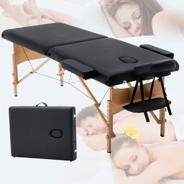Folding Professional Massage Table 28" Wide 73” Long Portable Lash Bed Tables Facial Spa Beds for Adjustable PU Leather Salon Bed Eyelash Tattoo Table Wax Table, 2” Thick Pad- Black