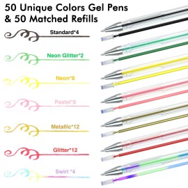 Lineon 100 Pack Gel Pens Set, 50 Colors Gel Pens with 50 Refills Gel Pen Set for Adu...