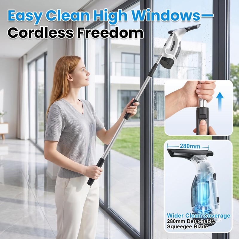 Window Vacuum Squeegee with Extendable Pole, Electric Window Cleaner Tool