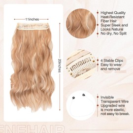 Benehair Invisible Wire Hair Extension 20 Inches Secret Wire Hair Extension with 4 Secure Clips Synthetic Hair Piece Long Wavy Hairpieces for Women, with 1 Comb Dark Ash Blonde Mixed Bleach Blonde