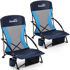 Lamberia Folding Beach Chair for Adults 2 Pack, Portable Low Beach Chairs with 300lbs Capacity, Lightweight Fodable Camping Chair for Travel, Picnic, Concert & Outdoor Activities, Navy Blue