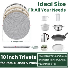 KITLAB 10 Inch Trivets for Hot Dishes, Hot Pots and Pans, Extra Large Thick Heat Resistant Large Coaster for Kitchen, Hot Pads, Kitchen Essentials, Pot Holders for Table & Countertop, 6 Pcs