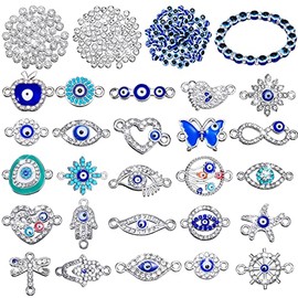 235 Pcs Evil Eye Charms Kits Includes 80 Evil Eye Beads 25 Alloy Enamel Eye Charms 80 Jewelry Making Beads 50 Crystal Spacer Bead Charms for Jewelry Making DIY Bracelet Necklace Craft (Silver)