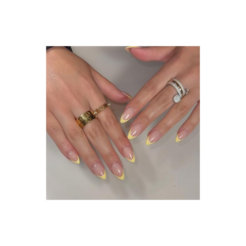 SXVME 30 Uñas Postizas Amarillas Francesas, Almendradas Cortas, Con Pegamento,