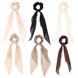 6 PCS Hair Scrunchies with Bows, Satin Hair Ties for Women Girls, Soft Elastic Hair Accessories for Thick and Thin Hair (Beige, Khaki, Coffee, Dark Brown, Black, Pink)