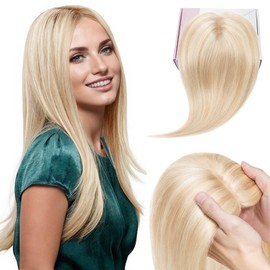 Elailite Hairpiece Real Hair Topper Clip-In Toupee Women Silk Base Clip-In Extensions Remy Silk Base Straight #18P613 Ash Blonde & Bleached Blonde 35 cm