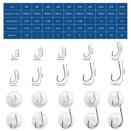 Carbon Steel Fishing Hooks 500 Pcs, Circle Hooks Assortment for Saltwater Freshwater Ice Fishing, Salt Water Fish Hooks for Catfish Trout Bass Octopus Multi Size 6 8 10 12 14 16 18 20 22 24