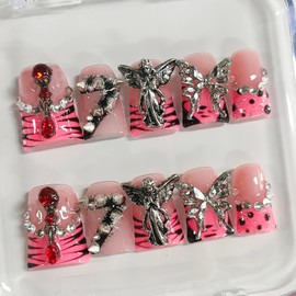 Handmade Short Duck Press on Nails 3D Punk Thick Acrylic Fake Nails Pink French Tip False Nails with Spikes Angel Charms Rhinestones Leopard Print Designs Sturdy Nail Art Press on Nails 10Pcs(M)
