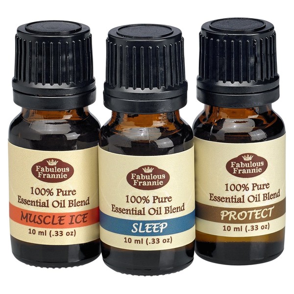 Fabulous Frannie Pure Essential Oil Blend Top 3 Set - Muscle Ice, Protect, Sleep - Great for Aromatherapy
