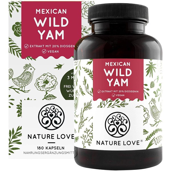 NATURE LOVE® Wild Yam Capsules - Original Mexican Wild Yam Root - High Dose with 880 mg Extract (of which 176 mg Diosgenin) per Daily Dose - 180 Vegan Capsules