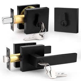 Probrico Matte Black Exterior Door Locksets with Deadbolt,Front Door Entry Handle and Double Cylinder Deadbolt Set, Square Door Lever with Keyed Both Side Deadbolt Lock, 1Pack