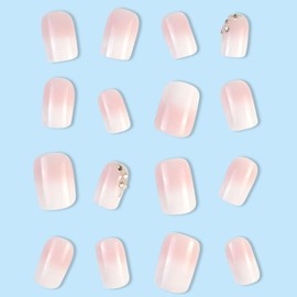 WAFOLOZE Medium Press on Nails Square Fake Nails Ombre White False Nails with Rhinestone Press ons Designs Acrylic Nails Press ons Artificial Nails Stick on Nails for Women 24Pcs