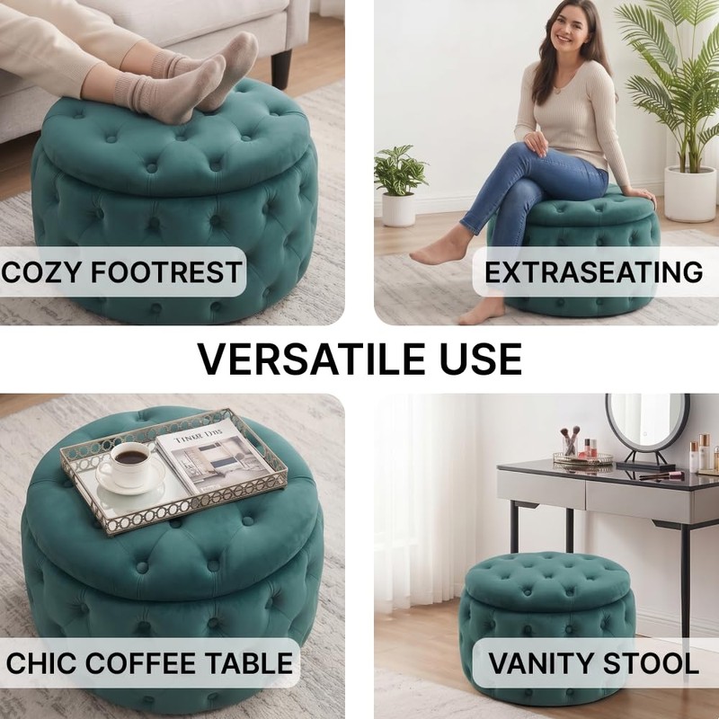 Oval Storage Ottoman with Button-Tufted Diamond Stitch, Upholstered Storage Bench