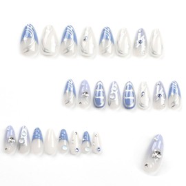 DANMANR Blue Fake Nails Medium Press on Almond Nails Butterfly Full Cover Acrylic Gradient Fake Nails for Women and Girls 24PCS