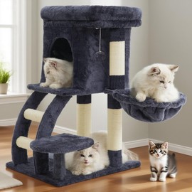Heybly Cat Tree Tower, Cat condo for Indoor Kittens, Cat House with Wide Plush Top Perch, Ladder, Basket, Sisal-Covered Scratching Posts, Cozy Activity Center for pet, Smoky Gray HCT009SG