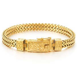 COOLSTEELANDBEYOND Mens Steel Gold Color Franco Link Curb Chain Bracelet, Vintage Fleur de Lis Spring Box Clasp 8.46 in(CA)