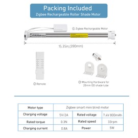 ZigBee Smart Blind Motor with Built-in Battery, Rechargeable Roller Shade Motor for 17/25/28mm Tube, 16EL Tubular Motor with App/Voice/Emitter Controlling
