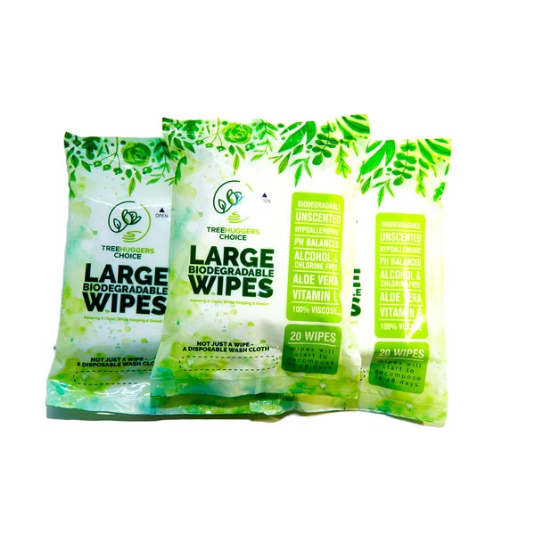 TREEHUGGER’S CHOICE Biodegradable Wet Wipes- Large Rinse Free Shower Body Wipes For Traveling, Camping, Outdoors, Athletes, and Babies -3 Travel Size Packs of 20 Wipes