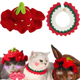Cute Rabbit Knitted Hat and Collar Set, Bunny Hats and Necklace for Rabbits Guinea Pig Small Dog Cat, Hats for Pet Rabbit, Pet Bunny Costume for Birthday Party Christmas, Rabbit Accessories