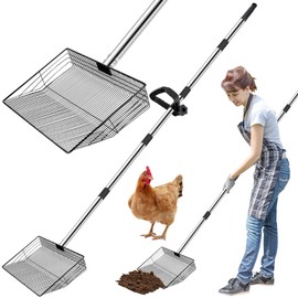 Extra Large 15" Metal Chicken Poop Scooper with Ergonomic Grip, 5-in-1 Adjustable Detachable Chicken Coop Accessories(24" to 76"), Multifuctional Litter Sifting Shovel with Stainless Steel Handle