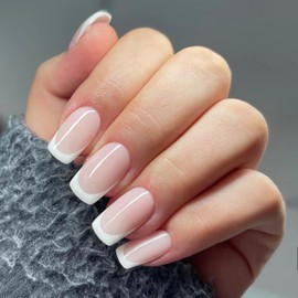 Qsnidy Press On Nails Square, White French Pink Press on Nails Medium Acrylic Fake Nails, Glossy Full Cover Stick on Nails for Women and Girls, Natural Fit Glue on Nails in 12 Sizes - 24 Nails Kit