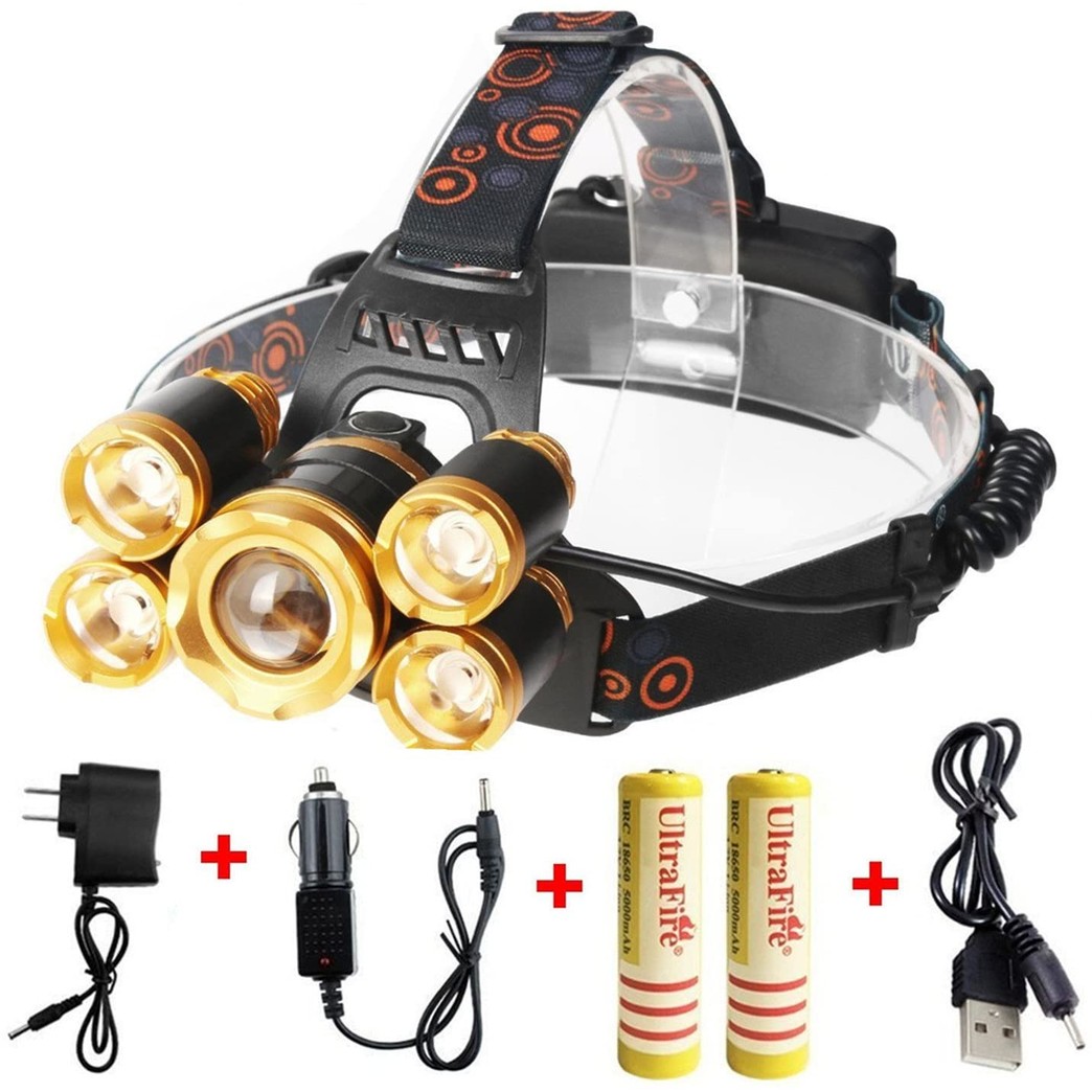 Brightest Led Headlamp Flashlight 8000 Lumens，Waterproof Hard Hat Light，Super Bright 5 LED，IMPROVED LED with Rechargeable Batteries for Camping Biking Hunting Fishing Outdoor(2PC Gold)