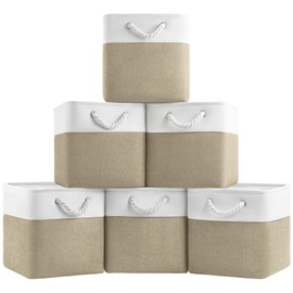 Patvingot 11x11 Cube Storage Bins, 6 Pack Foldable Fabric Organizer Bins with Rope Handles, Storage Cubes for Organizing Bedroom, Living Room, Clothes and Toys, Shelves and Closet (White & Khaki)