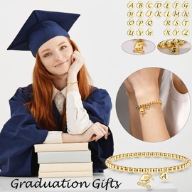 2025 Graduation Gift, Graduation Gifts for Her 2025 M Initial Bracelet Gold Bead Bracelet Graduation Gifts for Friends Beaded Bracelets for Teen Female Classmates