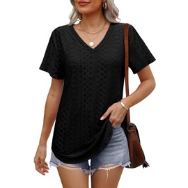 OFEEFAN Womens Tops Workout Short Sleeve V Neck T Shirts 2025 Summer Trendy Loose Fit Business Casual Outfits for Women Clothing Black L
